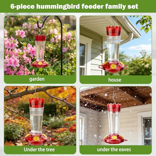6 Pack 14 OZ Ant Outdoors Plastic Hummingbird Feeder Hanging Ant and Bee Proof Leak-Proof Nectar Feeders with 4 Feeding Ports and Perches, Gifts for Mom, Birdlovers