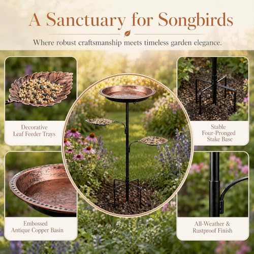 Outdoor Standing Bird Bath with 2 Feeder Bowls, 12 Inch Deep Basin for Wild Birds, Weatherproof Metal Birdbath with Upgraded 5-Prong Stake Base