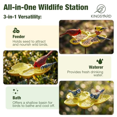 Kinsgyard 2 Pack Free Standing Tray Bird Feeders with Adjustable Pole, Wild Bird Bath for Outdoor Garden Yard Decor, Large Seed Capacity, Easy to Clean and Refill, Yellow & Green - color: Yellow & Green
