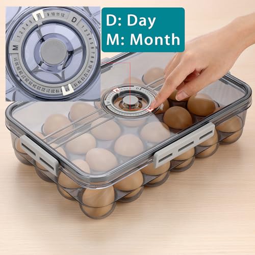 BTSKY Premium Plastic Egg Holder for Fridge - 24 Egg Refrigerator Container, Organizer with Time Reminder and Lid - size: Large-hold 24 eggs