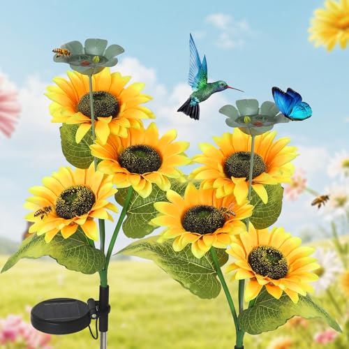 2 Pack Bee Watering Station, Butterfly Bird Water Feeder, 2-In-1 Flower Design Bee Bath Bowl with Glass Marble for Outdoor Decor & Sunflower Solar Lights Outdoor Waterproof, Flower Solar Garden Lights