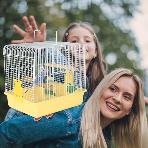 Small Bird Cage for Travel, Parrot Carrier with Handle 9.5"L x 12"W x 12"H | Easy to Assemble, Birdcages with Feeder Cups & Standing Perch for Smaller Birds Conures Lovebird Cockatiel Parakeets, Yellow - color: Yellow