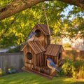 Wooden Bird House for Outside, 3-Chamber Rustic Birdhouse, Hand-Charred Solid Wood Weather Resistant Hanging Nest Box for Bluebird Finch Sparrow, Outdoor Garden Decor (Classic)