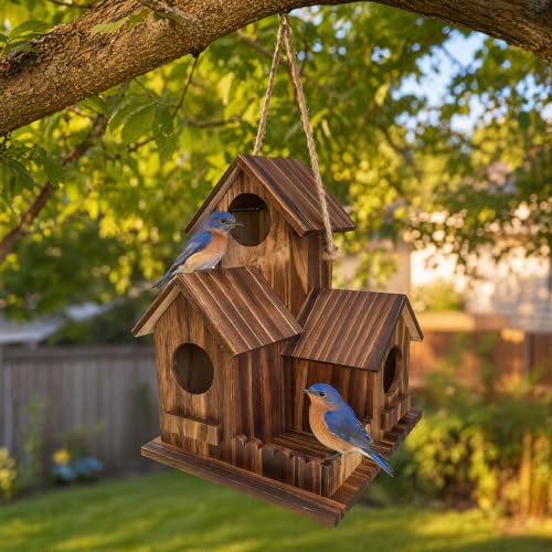 Wooden Bird House for Outside, 3-Chamber Rustic Birdhouse, Hand-Charred Solid Wood Weather Resistant Hanging Nest Box for Bluebird Finch Sparrow, Outdoor Garden Decor (Classic)
