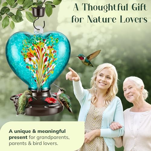 Hand Blown Glass Hummingbird Feeder for Outdoors All Season Use - 28 Fl. Oz. Leak Proof Hummingbird Feeder with Rust Proof Base - Includes Ant Moat, Ant & Bee Proof (Teal) - color: Teal