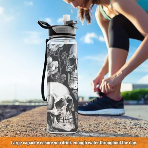 White Skull 32 oz Water Bottle - Clear Tritan, BPA-Free, LeakProof with Carry Strap for Sports, Gym & Outdoor Activities - color: C109