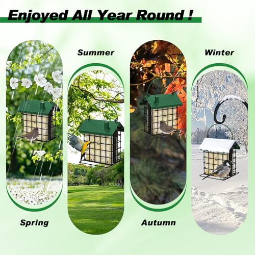 Gbekery All-Metal Double Suet Bird Feeder for Outdoors Hanging, Suet Cake Cage Holder with Weather-Resistant Roof & Perch for Outside Garden, Green - color: Green