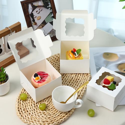 Moretoes 50pcs Small Cookie Boxes with Window, 4x4x2.5In White Bakery Boxes | Food-grade Treat Boxes with 5pcs Stickers for Small Cookies, Treats, Desserts, Chocolate Covered Strawberries, Mini Cake - color: White