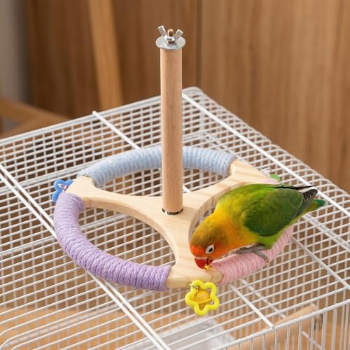 Bird Stand Perch Toy, Rotating Exercise Wheel, 8 inches Wooden Perch with Bells, Cage Accessories for Parakeet, Budgie, Cockatiel