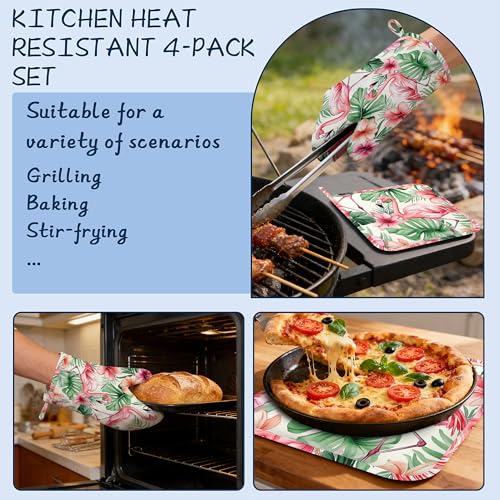 Heat Resistant Pot Holders and Oven Mitts,Pink Flamingo Extra Long Kitchen Oven Mitt Set,Tropical Flowers Leaf Cotton Lining Anti-Slip Waterproof Kitchen Mittens Hot Pan Holder for Baking Cooking - color: Pink Flamingo