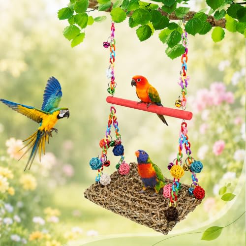 Bird Swing Mat with Wood Perch, AHIER Seagrass Bird Hammock for Conures with Chewing Toy for Parakeets, Budgie, Cockatiel Cage Accessories (Rose-Pink Pole) - color: Rose-Pink Pole