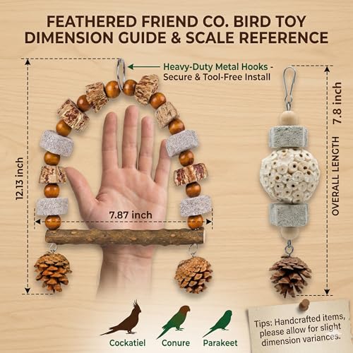 2 Pack Natural Bird Toys Set - Arch Wood Swing & Sola Ball Shreddable Toy - Foraging Hanging Perch with Pine Cones & Pumice Stone Beak Trimmer, Cage Accessories for Cockatiel, Conure, Parakeets - color: Wood A(Sola Ball Set)