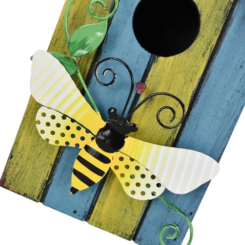 Morning View Bird Houses for Outside Decorative Nest Box Wooden Birdhouse Hanging Spring for Yard Garden Patio Outdoor Small Birds Bluebird Finch Cardinals Wren 9.35 Inch Tall (Light Blue) - style: Bee