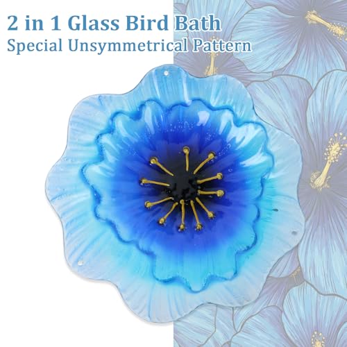 hogardeck 2 in 1 Floral Glass Bird Bath & Feeder - Hanging or Freestanding Outdoor Bird Bath with Sturdy 5-Pronged Base for Garden, Patio, Yard, Lawn Decor