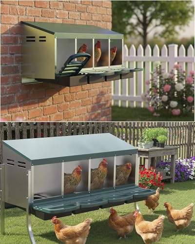 GarveeLife Chicken Nesting Box 4 Hole, Galvanized Steel Nest with Roll Away Egg Collection & Swing Perch, Easy-Clean Laying Box for Hens, Heavy Duty Design for Chicken Coop - color: Green, size: 4 holes with legs