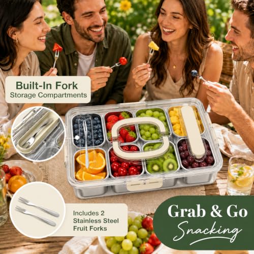 Snackle Box Container, Stainless Steel Divided Serving Tray with Lid, Handle and Forks - color: 8 pack