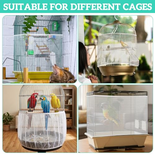 2 Pcs Bird Cage Cover Universal Bird Cage Seed Catcher, Breathable Nylon Mesh Net Cover Adjustable Soft Airy Cages Net Stretchy Skirt for Round Square Cages