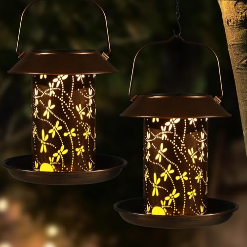 2 Pack Bird Feeders for Outdoors Dragonfly Solar Lanterns Waterproof | Garden Decor Gifts for Women Mom Grandma Metal Solar Decoration Outside LED Lanterns for Yard, Patio, Lawn, Pathway(2 Pack) - size: Dragonfly-2 Pack