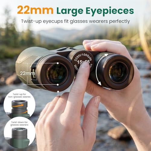 Aurosports 15x56 Binoculars for Adults High Powered for Bird Watching Green | Low Light Vision, 22mm Large View, Hunting, Hiking, Travel, Stargazing, Professional FMC BAK4 Prism, Gifts for Men