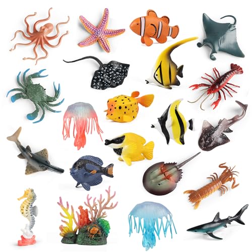 Sea Animals Toys Figures 21Pcs, Plastic Marine Creature Shark Fish Starfish Crab Lobster Octopus Seahorse Coral Jellyfish Ocean Life for Kids Birthday Party Favor Cake Decoration - style: Sea