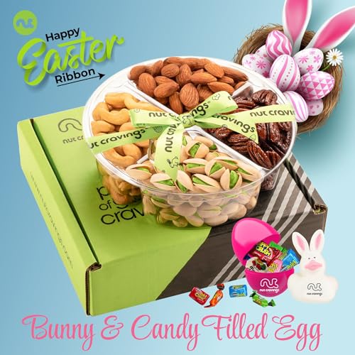 NUT CRAVINGS Gourmet Collection - Easter Treats, Candies & Dried Fruit Nuts Gift Basket with Happy Easter Ribbon, Candy Filled Egg + Bunny (4 Piece Assortment) - style: 1. Easter Nut Gift Box - (4 Piece Assortment)
