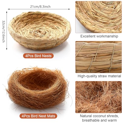 AceOrbit 8 Pcs/4 Set Bird Nest with Coconut Fiber Mats for Dove Hamster | Hand Woven Bird Nest Flat, Small Animal Breeding Bed Hatch House Cage Accessories, Cuckoo Sparrow Rabbits Chinchillas Hamster
