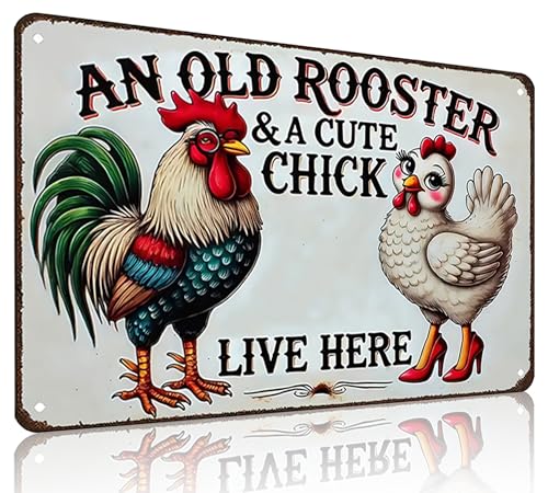 Smilelife Funny Gifts for Women Chicken Lovers Farm Enthusiasts An Old Rooster And A Cute Chick Live Here Chicken Tin Sign for Chicken Coop Farm Kitchen Garden Yard Decor 8 X 12 Inch (3821) - color: Light Blue