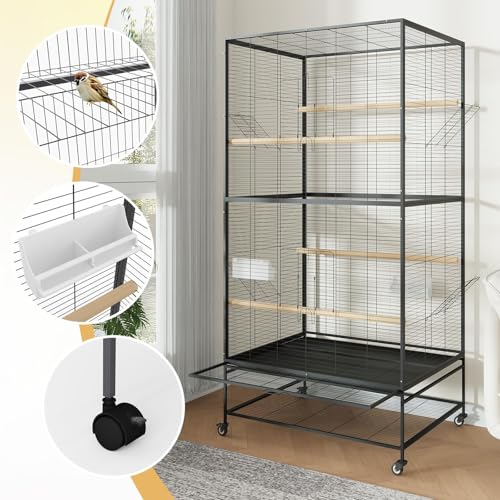 66-inch Wrought Iron Standing Large Parrot Parakeet Flight Bird Cage with Rolling for Small Parrot Sun Parakeet Green Cheek Bird Cage with Stand