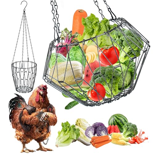 Hanging Chicken Feeder, 9.25IN Large Foldable Poultry Feeder Vegetable Fruits Basket with 4pcs Hanging Stainless Chain, Chicken Treat Holder Ball Boredom Toys for Chicken Hens Duck Coop, Black, 1 Pack - size: 1 Pack