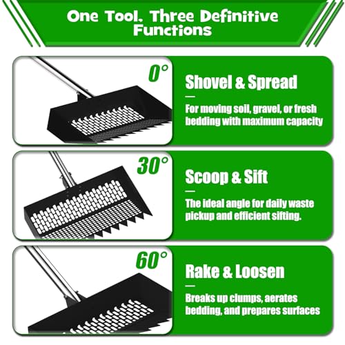 Chicken Poop Scooper & Rake 2-in-1 – 12 Inch Shovel Head & 3-Angle Adjustable Stainless Steel Handle, Chicken Litter Scoop and Coop Rake & Sand Sifting Shovel for Chicken Coops, Black - color: Black