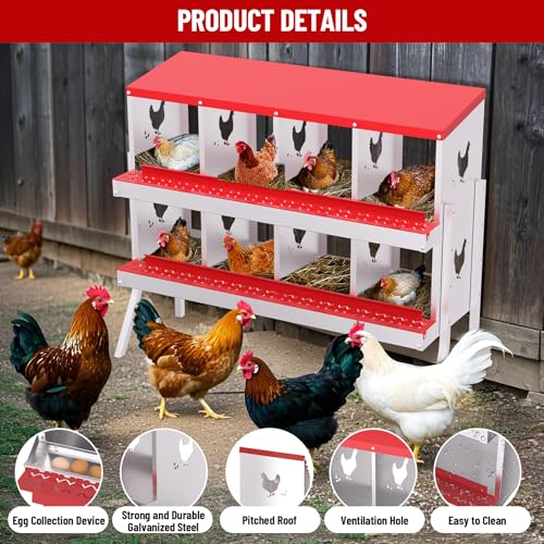 Galvanized Steel Chicken Nesting Box 8 Grids, Metal Egg Laying Boxes for Hens with Hinged Lid and Ventilated Design, Easy Clean Poultry Nest Box for Chicken Coop Accessories, Red, with Legs - color: Red, size: 8 Holes with Legs
