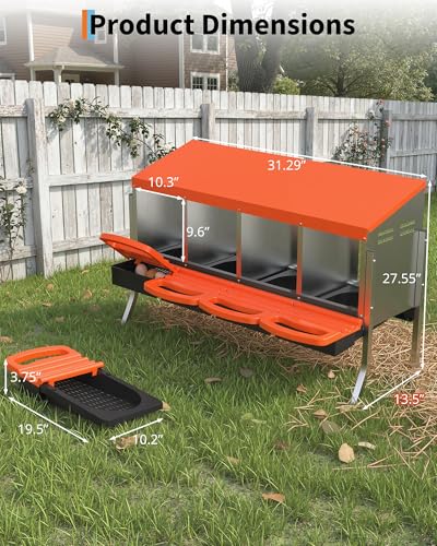 GarveeLife Chicken Nesting Box 4 Hole, Galvanized Steel Nest with Roll Away Egg Collection & Swing Perch, Easy-Clean Laying Box for Hens, Heavy Duty Design for Chicken Coop - color: Orange, size: 4 holes with legs