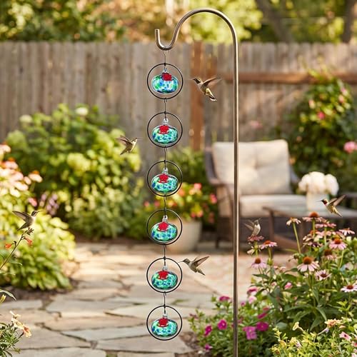 QFkris Set of 6 Blown Glass Hummingbird Feeder for Outdoors Hanging, Small Hummingbird Feeder with Flower Feeding Ports for Outside Garden Backyard Decor, Gardening Gifts for Women Mom(Green) | Blown Glass Hummingbird Feeder for Outside Garden Backyard De