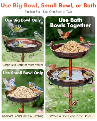 Metal Bird Bath for Outside - Outdoor Garden Decor Birdbath 2-Tier Water Bowl with Copper Finish Stake Adjustable Height 45'' Tall for Yard