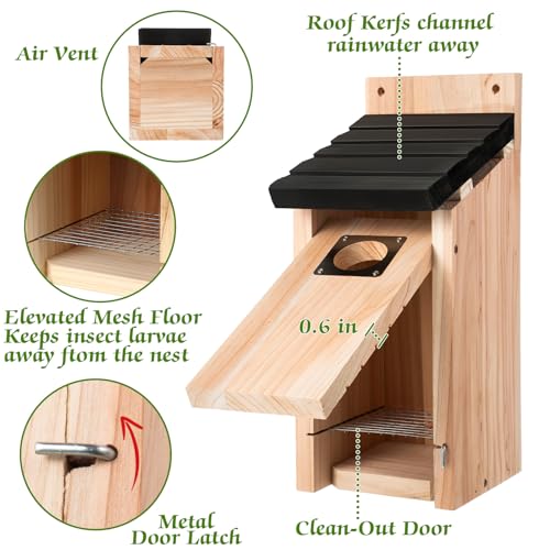 Dreyoo 2 Pack Bluebird Box Houses for Outside,1-1/2'' Entrance Hole Wooden Bird Houses with Metal Guard, Secure Latch,Fledgling Grooves,Air Vents for Bluebird Wren Swallow(Dark Wood) - color: Dark Wood