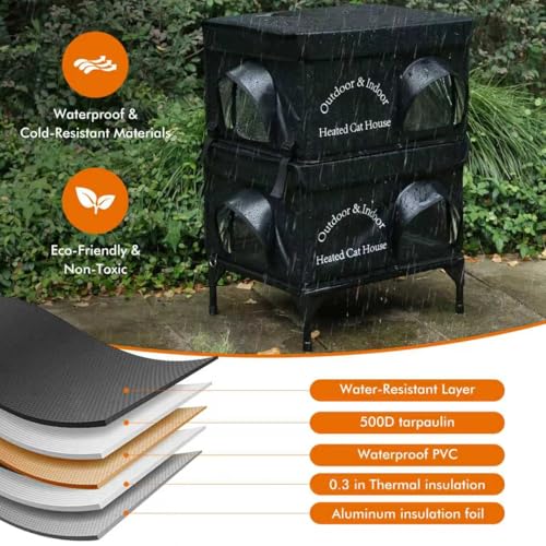 2 Story Heated Cat House for Outside, 100% Waterproof, Safe Escape Door, Elevated Base, Weatherproof Insulated Shelter for Stray Feral Barn Cat - style: Black Cat House 03