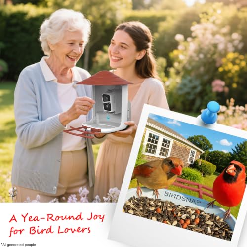 birdsnap® TUC Bird Feeder with Camera Solar Powered 2K Video with 32GB Card | AI Bird Species Identification, Squirrel-Proof, IP65 Waterproof, Outdoor Wireless, 2.4G WiFi, Gift for Mom Dad Bird Lovers - color: Red