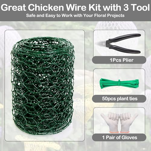 Chicken Wire 4in x 118in with a Pair of Gloves，1 Wire Cutter，50 Pcs Cable Zip Ties, Floral Chicken Wire Mesh 0.8mm Hexagonal Galvanized PVC Coated Garden Netting Fence for Craft Poultry Garden - size: 4in x 118in