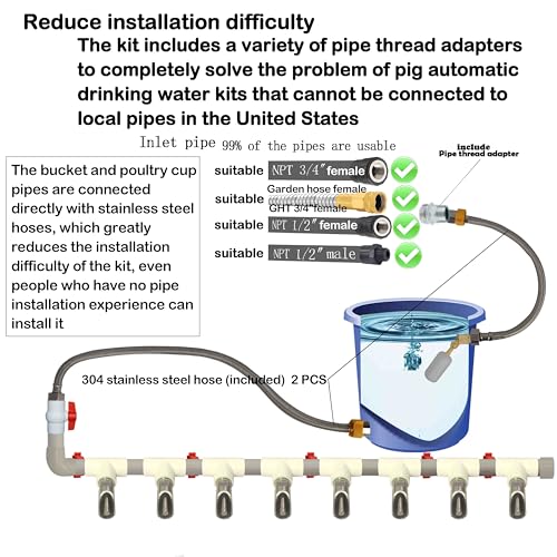Complete Set Pipeline Stainless Steel Pig Waterer System,Pig Waterer Nipples with Water Tank Connector,Automatic Pig Nipple Water Drinker,Pig Nozzle Nipple Drinker,Pig Water Nipple for Hog Piglet Goat