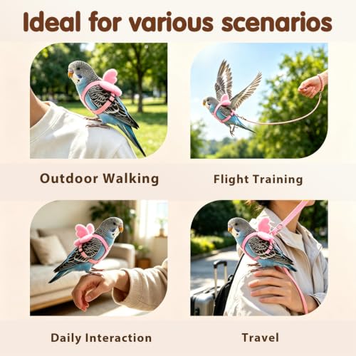 Pet Parrot Bird Harness and Leash, 2m Adjustable Polyester Rope with Cute Wing, Bird Flying Harness for Parrots, Pigeons, Budgerigars, Lovebirds, Cockatiels Outdoor Use - color: Pink, size: S