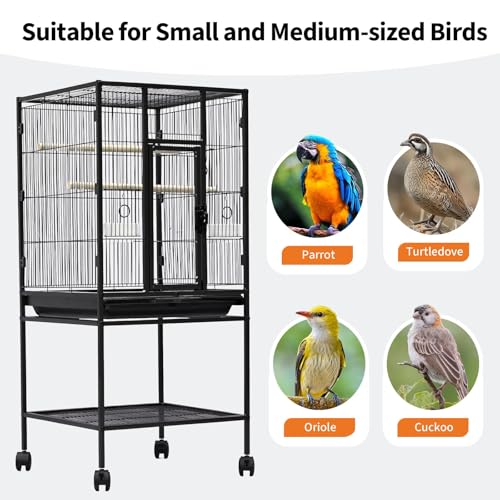 41" Large Bird Cage, Parrot Bird Cage with Rolling Stand & Storage Shelf, Heavy Duty Wrought Iron Flight Cage, Secure Lock, Ideal for Parakeets, Parrots, Cockatiels, Conures, Lovebirds - size: 25.4"L x 19.7"W x 5.9"H