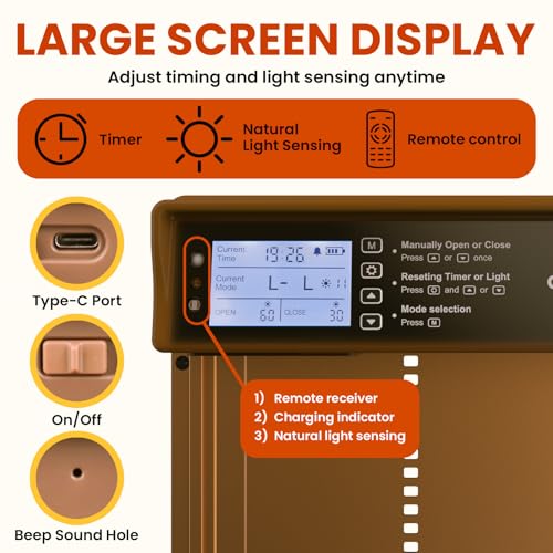 Okkobi Automatic Chicken Coop Door Solar Powered - Poultry Coop Door with Remote Control, Timer & Light Sensor - LCD Display - Anti-Pinch Function - 5-Year Protection - Brown | Weatherproof aluminium with anti-pinch protection, timer function and battery