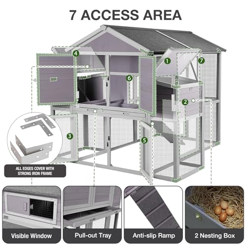 Gutinneen 75.7" Large Chicken Coop for 6-10 Chickens, Wooden Hen House with 2 Large Nesting Boxes, Elevated Sleeping Area, Waterproof Roof, Pull-Out Tray, Outdoor Poultry Cage with Run - size: 75.7"L x 65.7"W x 59.1"H