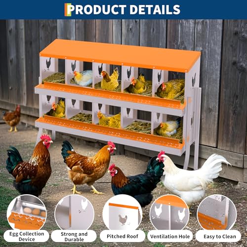 Chicken Nesting Box, 10 Holes Metal Roll Away Eggs Laying Box with Automatic Roll-Away Egg Collection System & Removable Tray, Wall Mount or Placed Design for Easy Egg Collection & Cleaning - color: Orange, size: 10 holes with legs