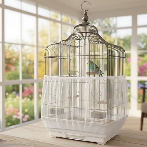 Birdcage Cover Seed Catcher - Blocks Over 90% Splashes & Mess | Set of 2 breathable mesh nets (14.56"H, 86.6"-94"girth). Use on indoor parrot setups to stop escaping and trap molting dander