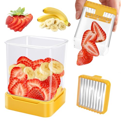 Strawberry Slicer Cup, Fruit Cutter, Quick-Slice, Meal Prep, Yellow | Dual-Function Base, Easy-Clean & Storable – 304 Stainless Steel Blade – Quick & Safe Slicing Kitchen Gadget - color: Yellow