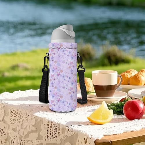 Neoprene 500ML/750ML/1000ML Water Bottle Bag Carrier, Portable Insulated Bottle Sling Holder Case Pouch with Adjustable Shoulder Strap for Men Women Walking Hiking Running - color: Flowers,Butterflies, size: 750ML