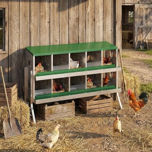 GarveeLife 10 Compartment Chicken Nesting Box with Metal Legs, Nesting Boxes for Chickens, Metal Chicken Laying Boxes with Perch, Secure Lid, Versatile Wall Mount or Free Standing for Hens, Green - color: green, size: 10 grids with legs