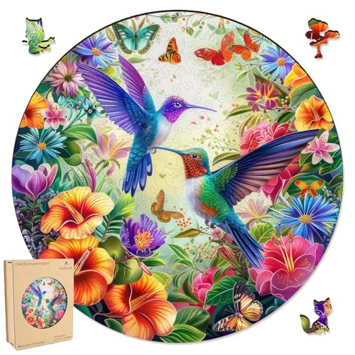 Ruikiyart Hummingbird Puzzle, 5MM 200 Pieces Birds Wood Jigsaw Puzzles, Wall Decor, Unique Shaped Round Brain Teaser Puzzles Birthday Gifts (11.2"*11.2") - color: Colorful Hummingbirds, size: 200 Pieces