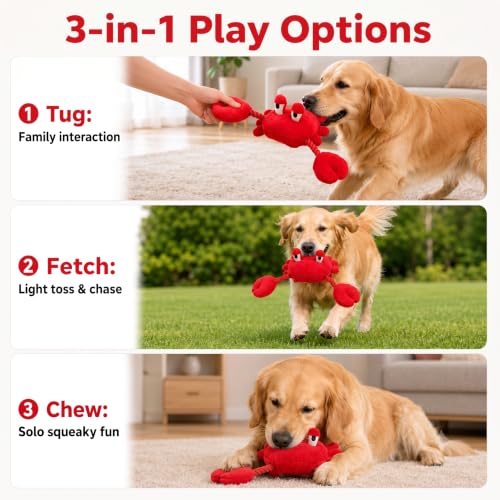 Squeaky Dog Plush Chew Toy, Interactive Tug Squeaky Toy for Chewers, Medium & Large Dogs & Fetch Play, 18.1 Inch Stuffed Crab Toy with Rope Twisted Claws for Gentle Gum Care & Boredom Relief, Red - color: Red (Crab)